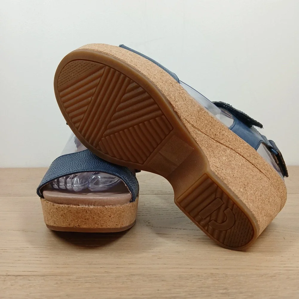Earth Blue Leather Cork Wedge Sandals Platform Ankle Strap Womens Size 39 8.5-9